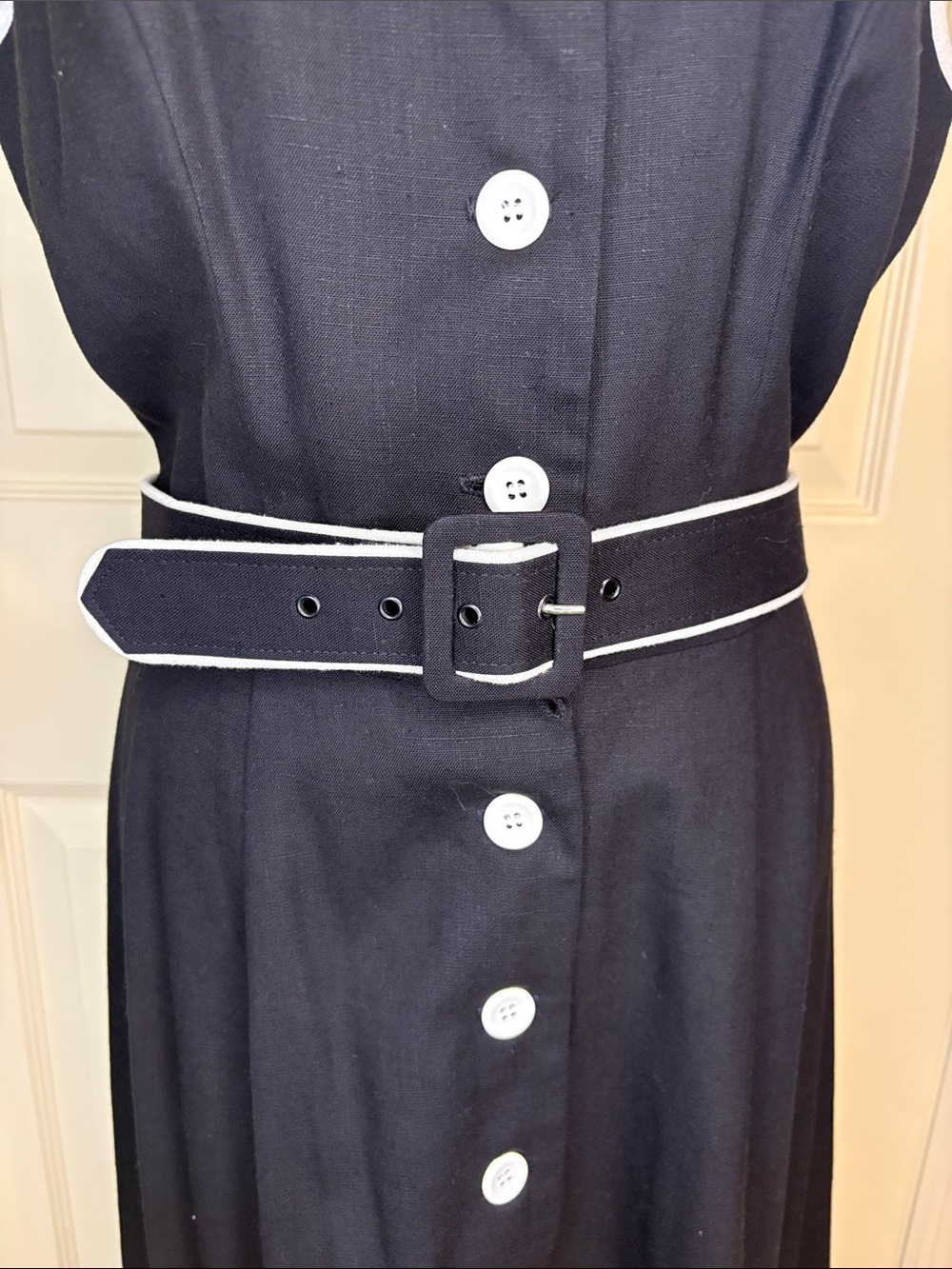 Vintage TALBOTS Belted Linen Black White Piping Button Down Sun Dress size 12 - Picture 4 of 11